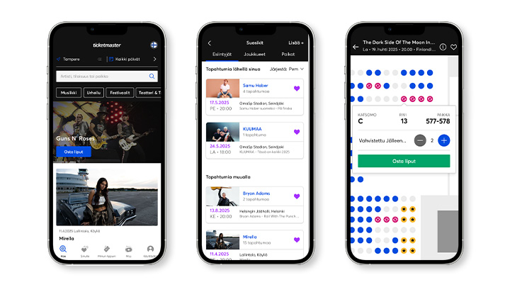 ticketmaster-sovellus - etusivu, suosikit ja lipun osto